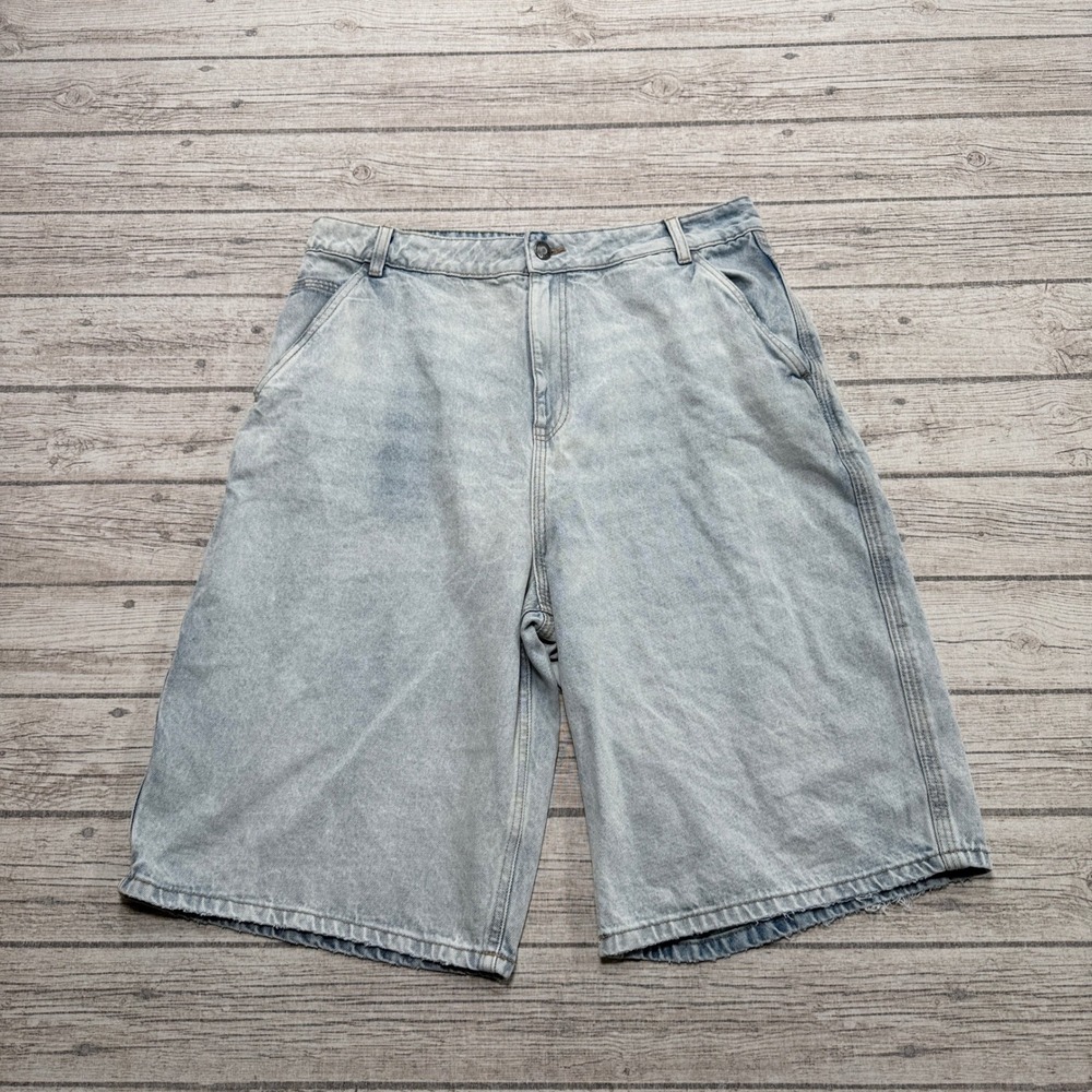 UH Denim Shorts Mens 32 Blue Denim Light Wash Baggy Relaxed Fit Whiskered Skater